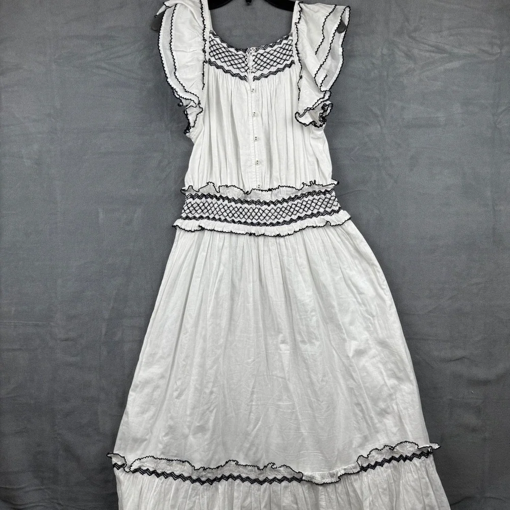 Cleobella White Maxi Dress Ruffle Sleeves Smocked‎ Boho Organic Cotton Medium